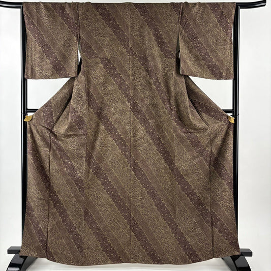 【美品】 小紋 身長165cm 袖長65cm M 雙層 幾何學 茶綠 純蠶絲 秀品級
