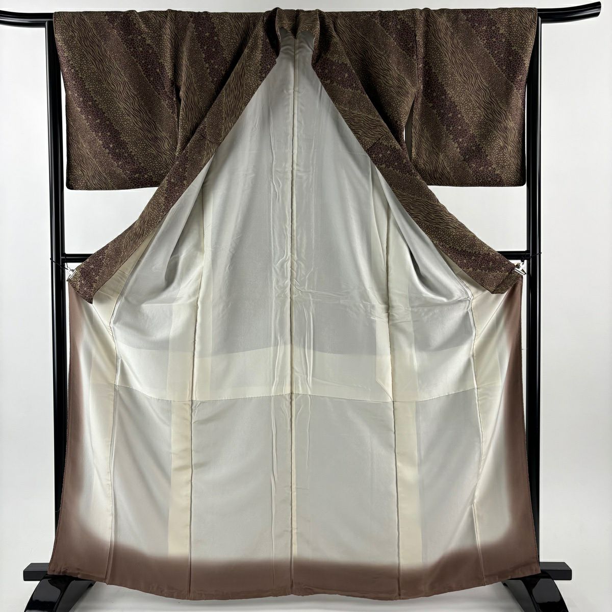 【美品】 小紋 身長165cm 袖長65cm M 雙層 幾何學 茶綠 純蠶絲 秀品級