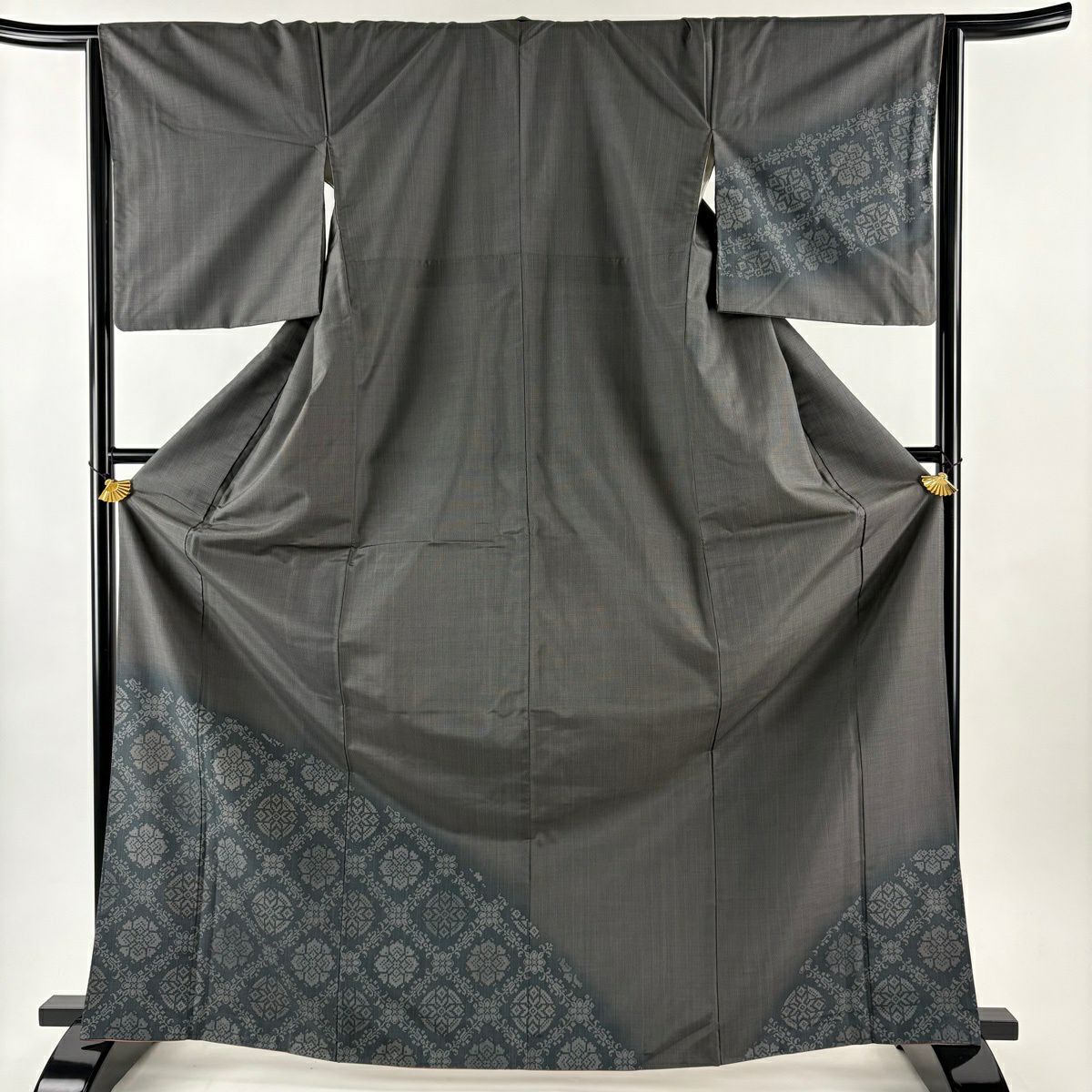 【美品】 付下 身長168cm 袖長65cm M 雙層 紬織織 華紋 墨 黑 純蠶絲 秀品級