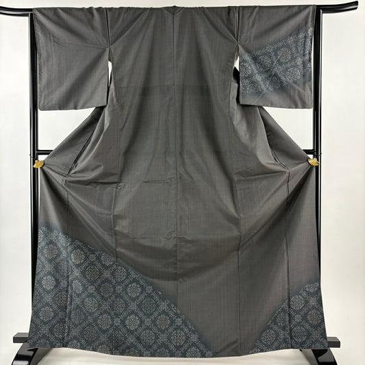 【美品】 付下 身長168cm 袖長65cm M 雙層 紬織織 華紋 墨 黑 純蠶絲 秀品級