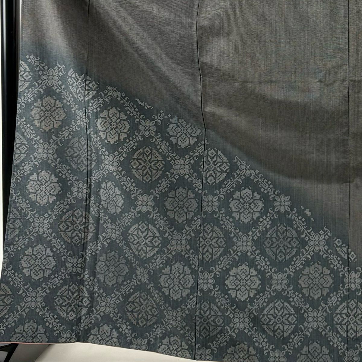 【美品】 付下 身長168cm 袖長65cm M 雙層 紬織織 華紋 墨 黑 純蠶絲 秀品級
