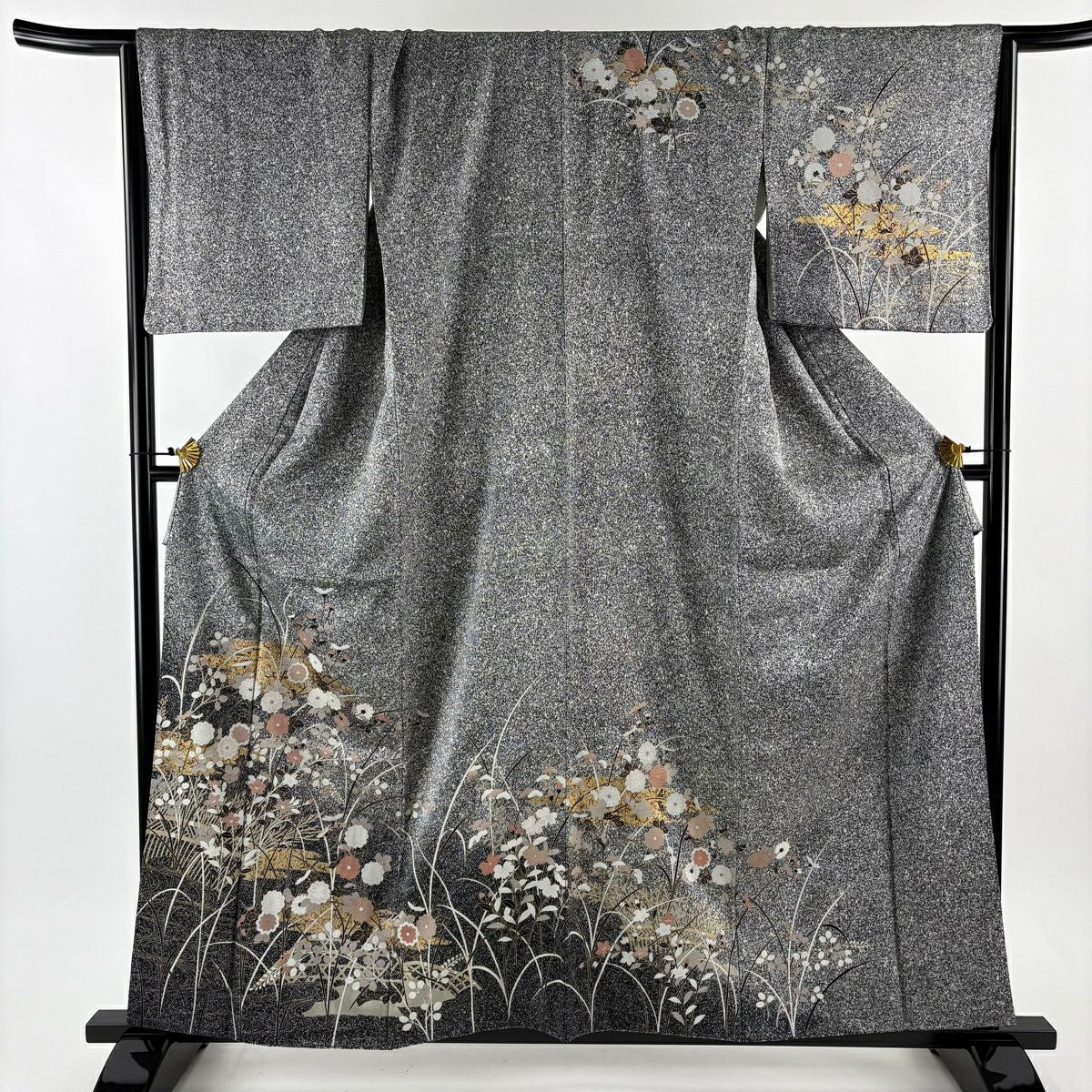 【美品】訪問服 身長159cm 袖長66.5cm M 雙層 鈴乃屋 菊花 霞 金銀彩 黑灰 純蠶絲 秀品級