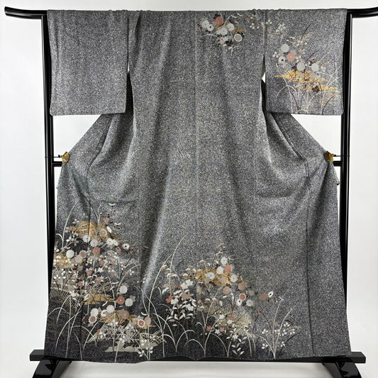 【美品】訪問服 身長159cm 袖長66.5cm M 雙層 鈴乃屋 菊花 霞 金銀彩 黑灰 純蠶絲 秀品級