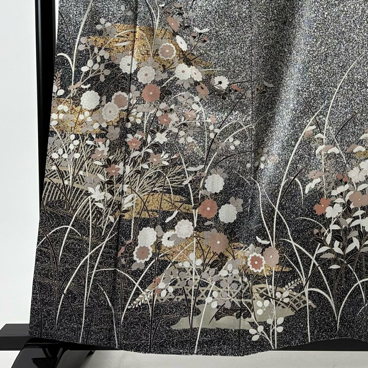 【美品】訪問服 身長159cm 袖長66.5cm M 雙層 鈴乃屋 菊花 霞 金銀彩 黑灰 純蠶絲 秀品級