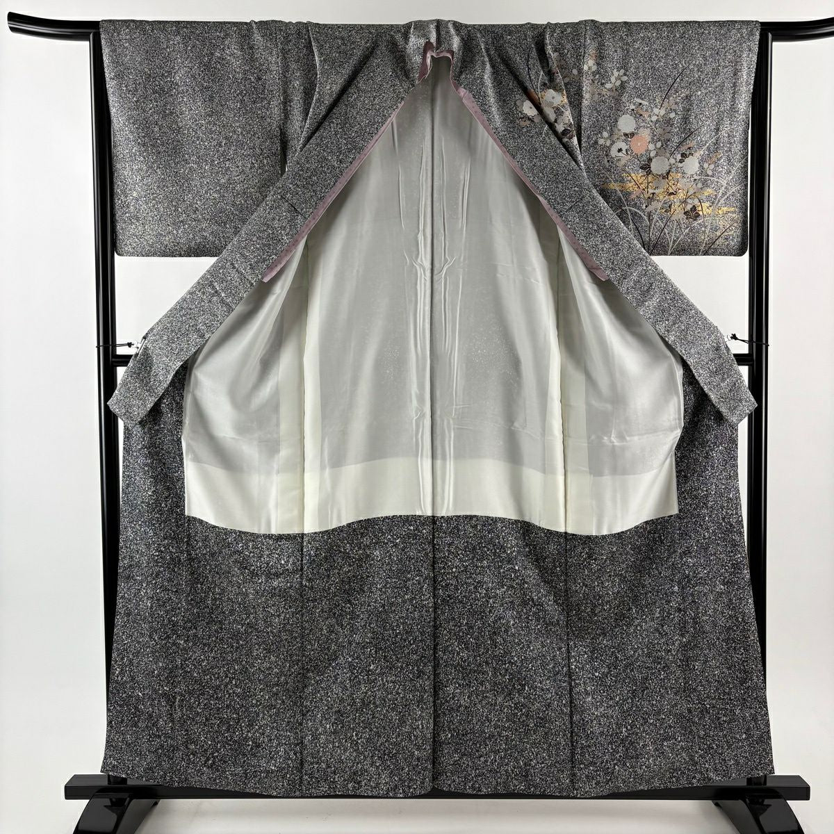 【美品】訪問服 身長159cm 袖長66.5cm M 雙層 鈴乃屋 菊花 霞 金銀彩 黑灰 純蠶絲 秀品級