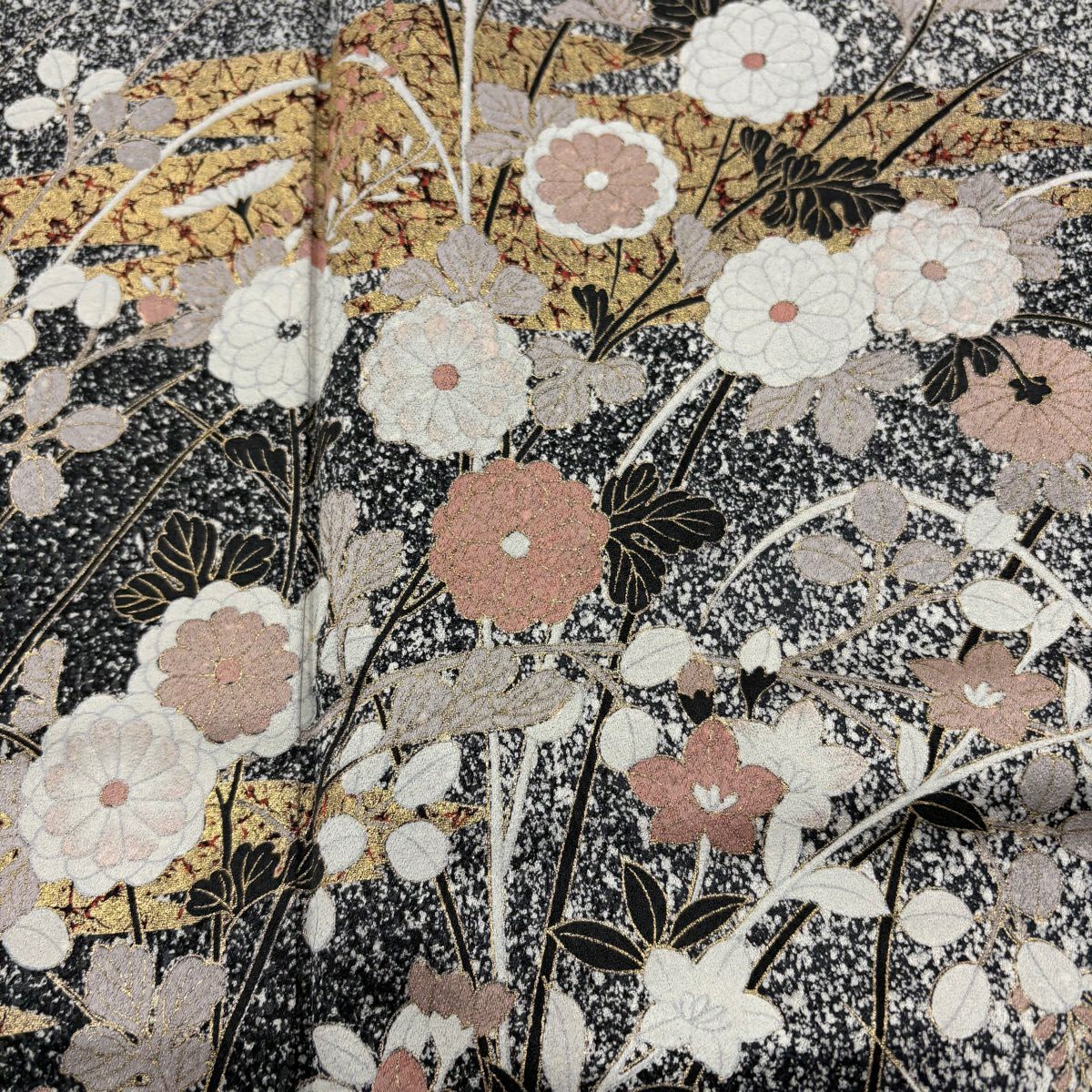 【美品】訪問服 身長159cm 袖長66.5cm M 雙層 鈴乃屋 菊花 霞 金銀彩 黑灰 純蠶絲 秀品級