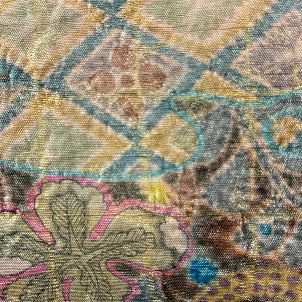 【美品】 袋帶 名品級 霞 草花紋 金糸 金金箔 鮭粉紅 お太鼓圖案 純蠶絲