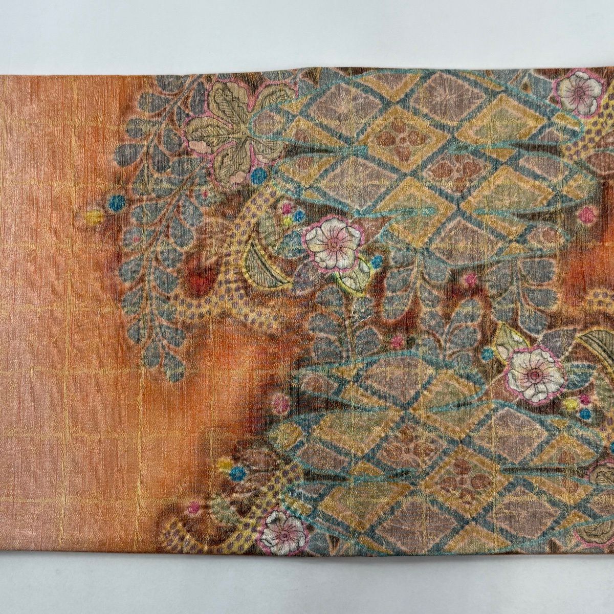 【美品】 袋帶 名品級 霞 草花紋 金糸 金金箔 鮭粉紅 お太鼓圖案 純蠶絲