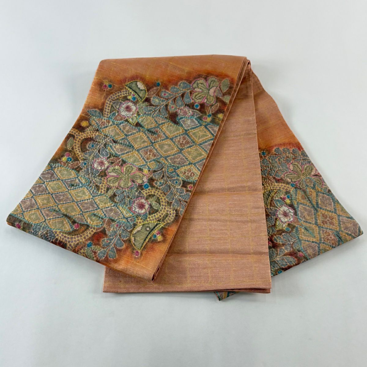 【美品】 袋帶 名品級 霞 草花紋 金糸 金金箔 鮭粉紅 お太鼓圖案 純蠶絲