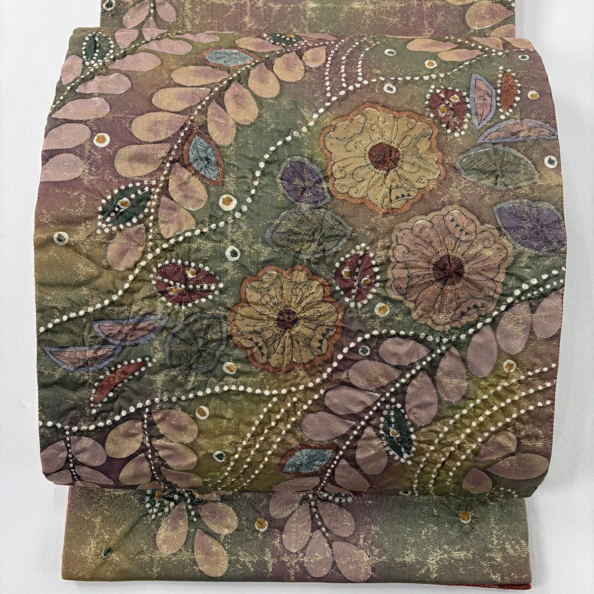 【美品】 袋帶 名品級 落款あり 辻花染 金絲 金金箔 茶綠 お太鼓柄 純蠶絲