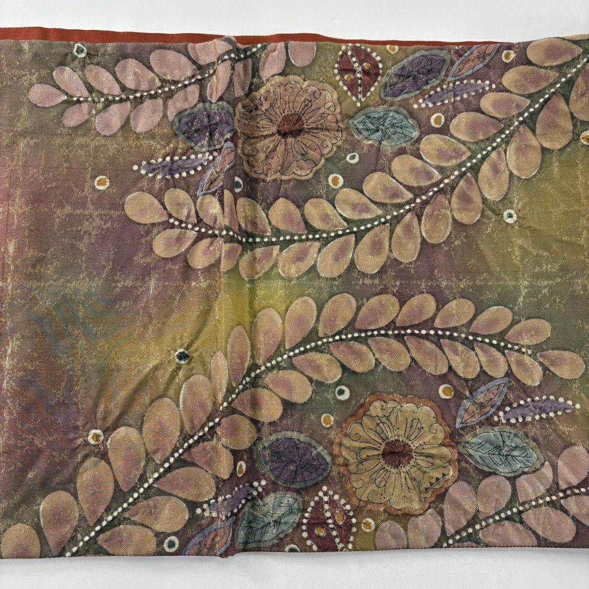 【美品】 袋帶 名品級 落款あり 辻花染 金絲 金金箔 茶綠 お太鼓柄 純蠶絲