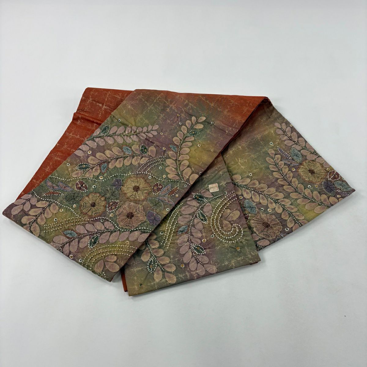 【美品】 袋帶 名品級 落款あり 辻花染 金絲 金金箔 茶綠 お太鼓柄 純蠶絲