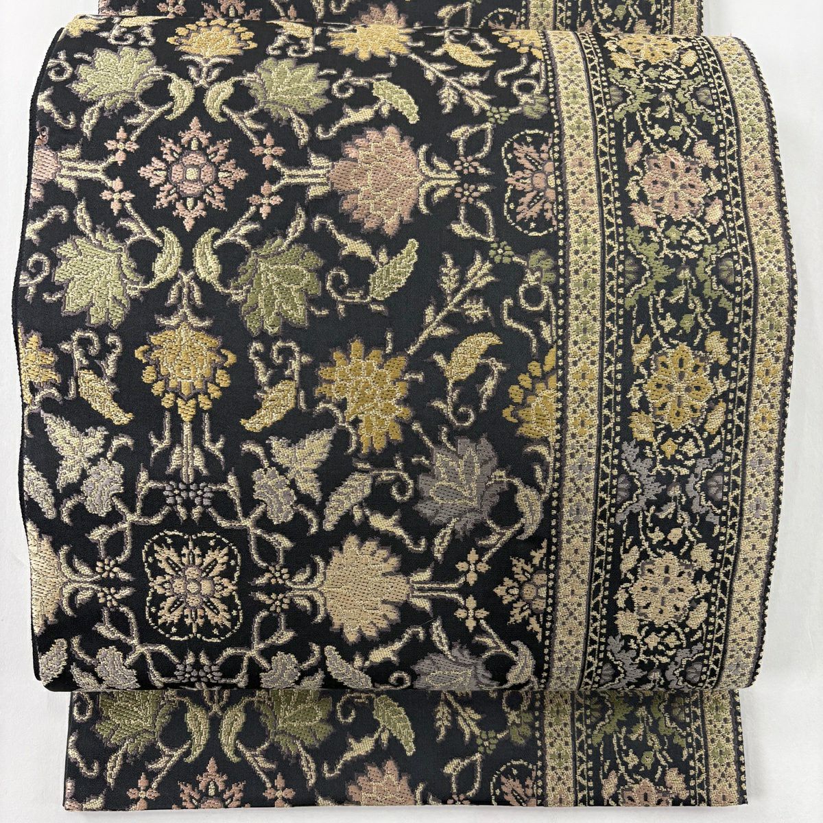 袋帶 名品級 附有落款 華紋 草花紋 金絲 黑灰 六通 純蠶絲