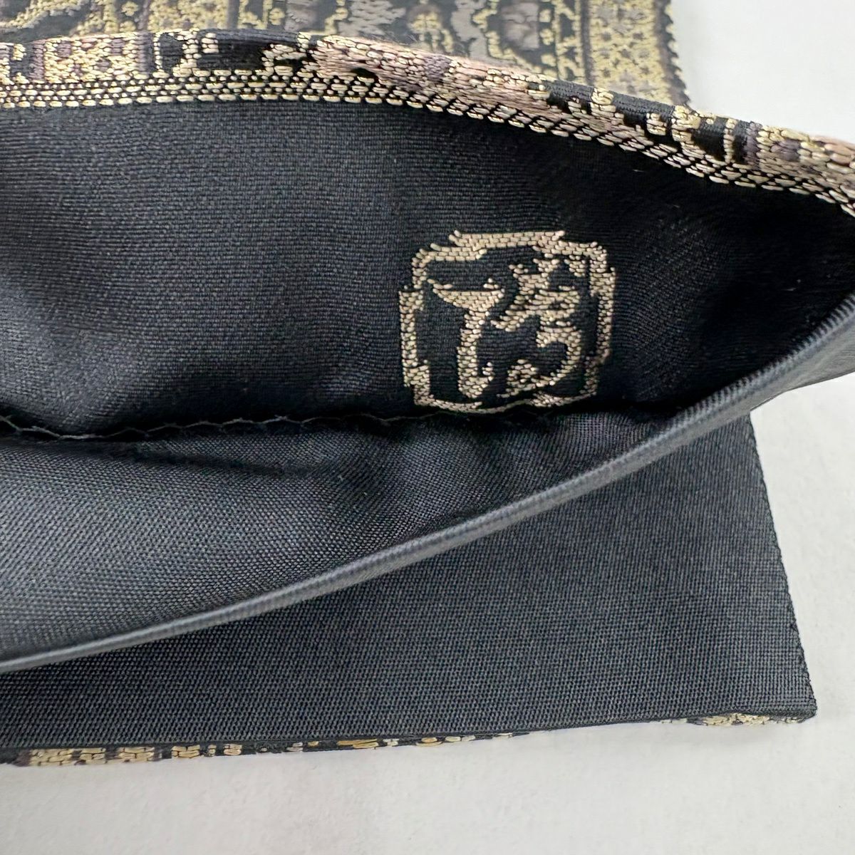 袋帶 名品級 附有落款 華紋 草花紋 金絲 黑灰 六通 純蠶絲