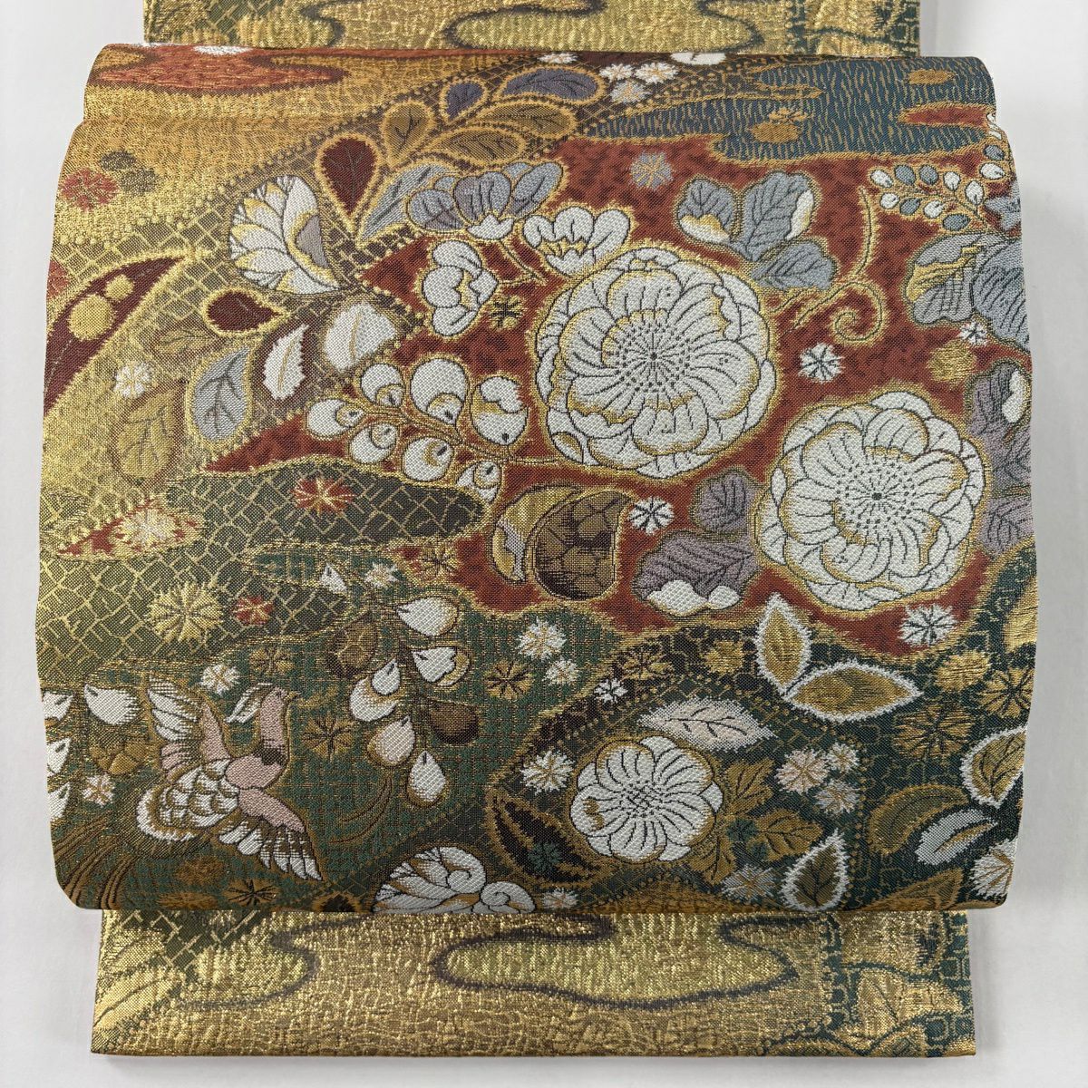 【美品】 袋帶 名品級 大和 花鳥 霞 金金箔 金茶 六通 純蠶絲