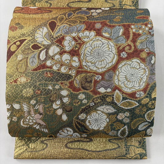 【美品】 袋帶 名品級 大和 花鳥 霞 金金箔 金茶 六通 純蠶絲