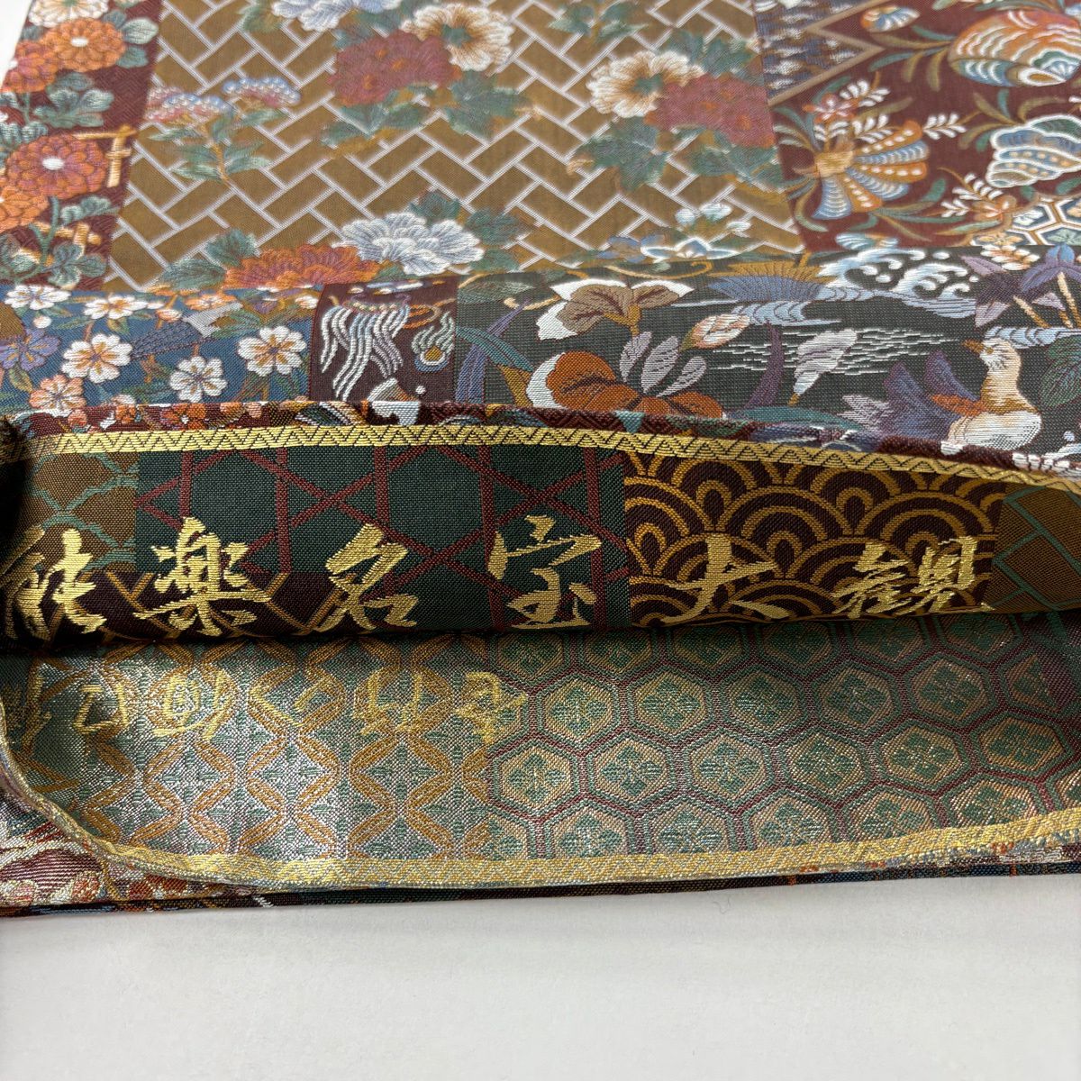 【美品】 袋帶 名品級 能樂名寶大觀 茶 お太鼓圖案 純蠶絲