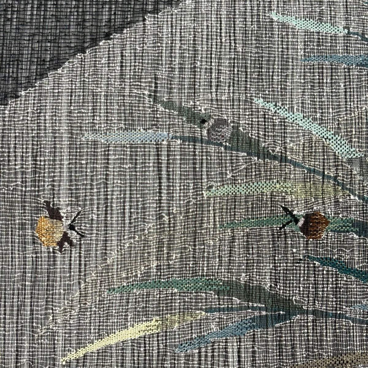 袋帶 名品級 夏帶 葉 蟲 金銀絲 黑 お太鼓圖案 純蠶絲