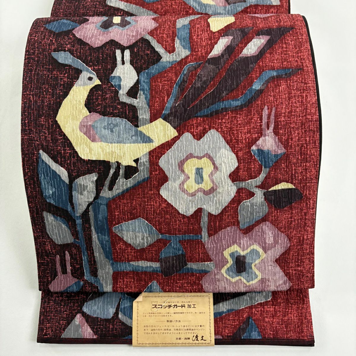 【美品】 袋帶 名品級 鳥枝花 深紅色 全通 純蠶絲