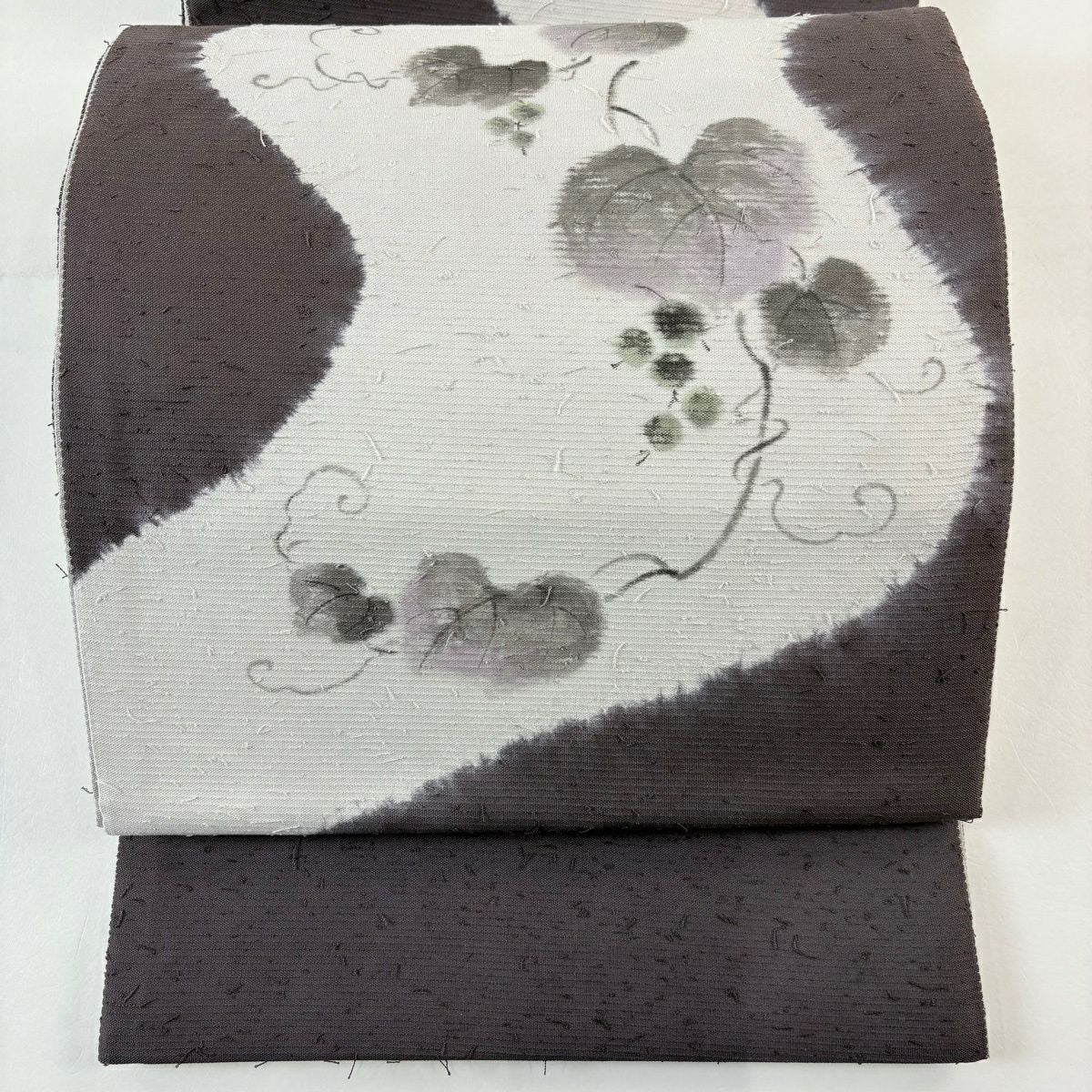 【美品】 袋帶 名品級 落款あり 山科春宣 葉與實 紫色 お太鼓圖案 純蠶絲