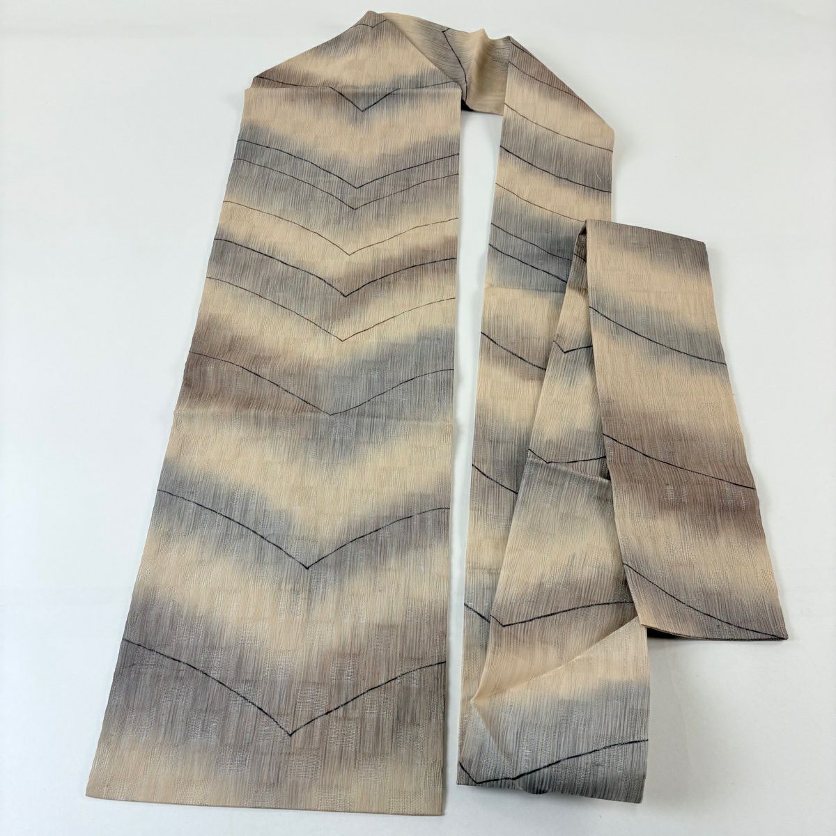 【美品】名古屋帶 名品級 夏帶 幾何學 灰茶 純蠶絲