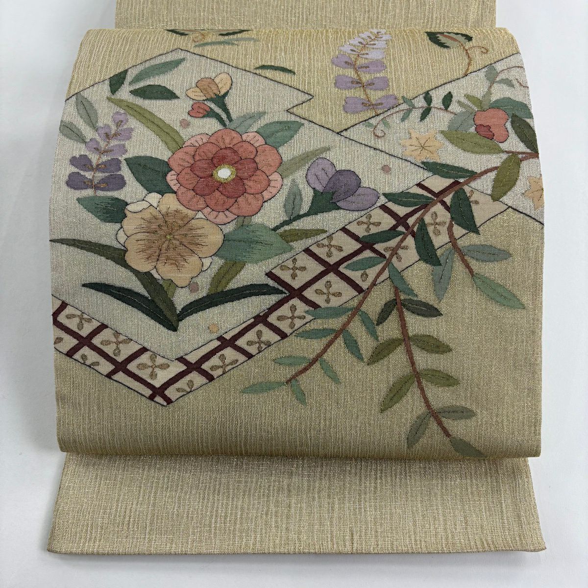 【美品】 袋帶 名品級 夏帶 草花紋紋 松樹皮菱 金絲 米色 大鼓圖案 純蠶絲