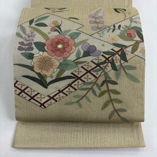 【美品】 袋帶 名品級 夏帶 草花紋紋 松樹皮菱 金絲 米色 大鼓圖案 純蠶絲