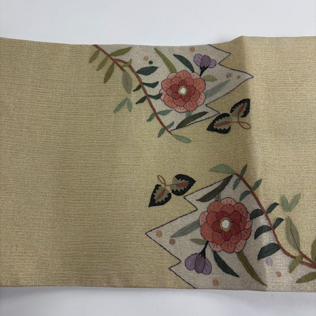 【美品】 袋帶 名品級 夏帶 草花紋紋 松樹皮菱 金絲 米色 大鼓圖案 純蠶絲