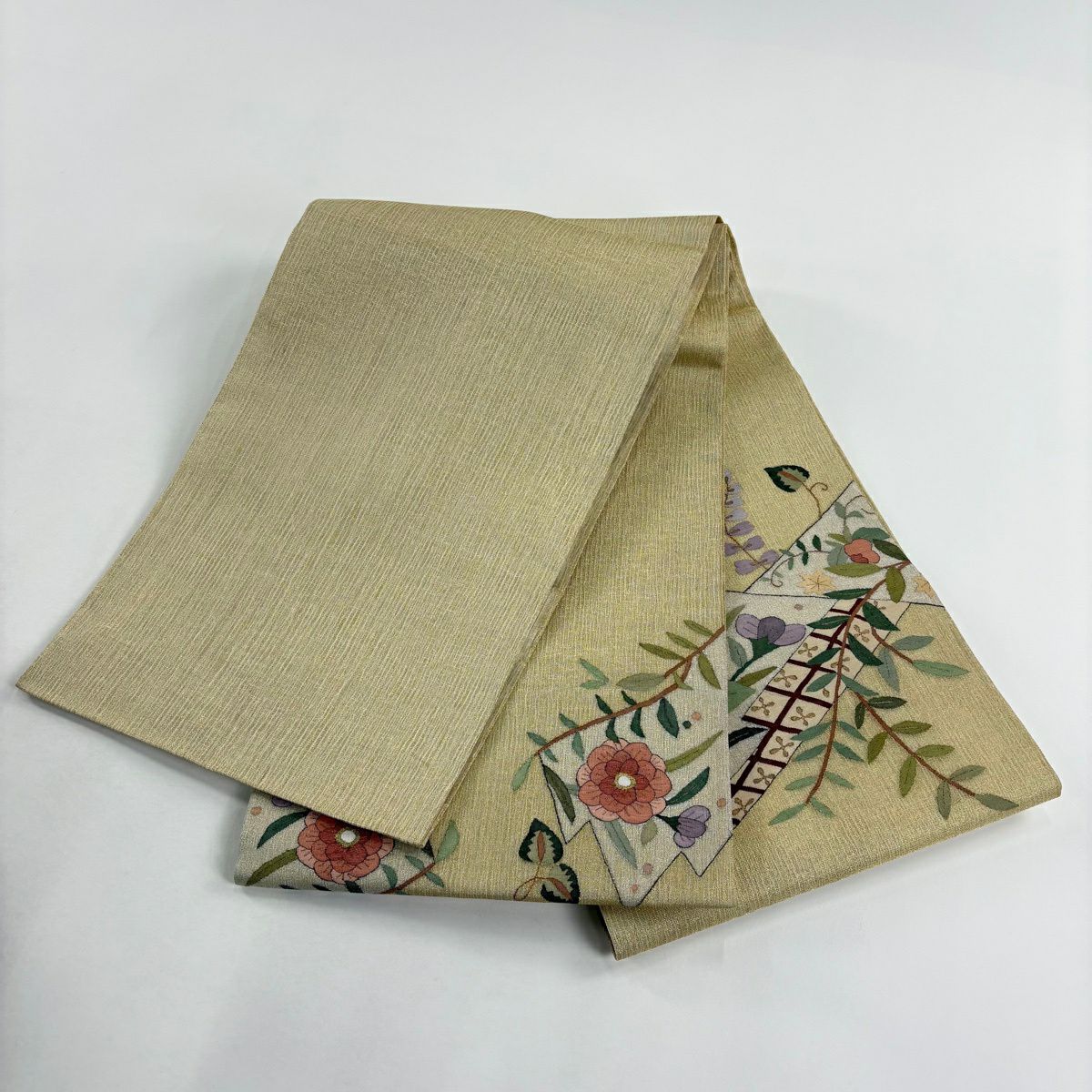 【美品】 袋帶 名品級 夏帶 草花紋紋 松樹皮菱 金絲 米色 大鼓圖案 純蠶絲