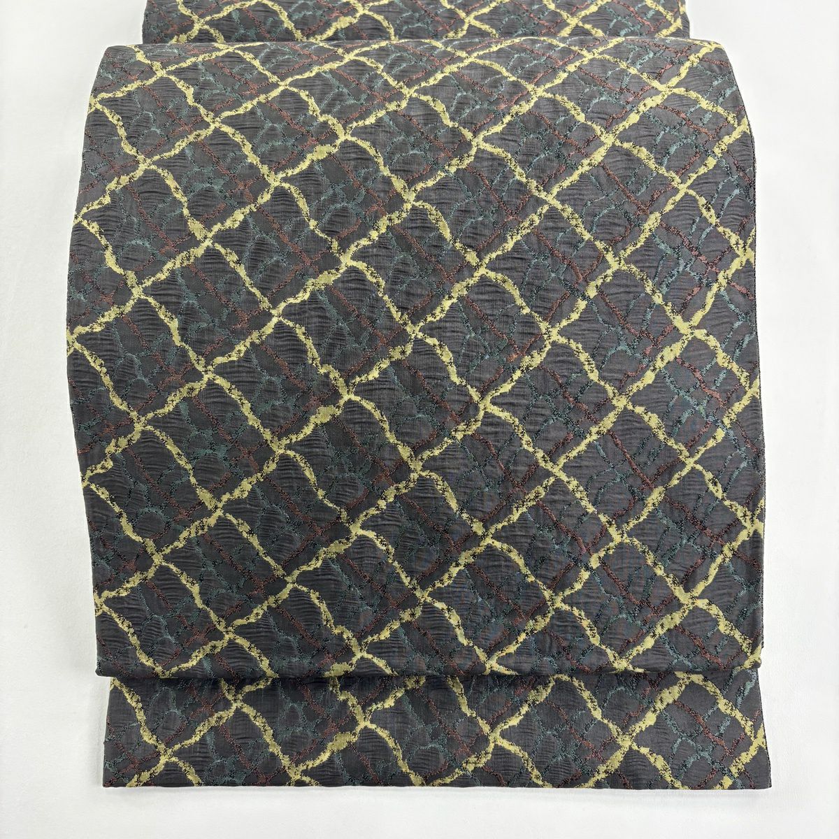 【美品】 袋帶 名品級 落款あり 幾何學 灰色 全通 純蠶絲