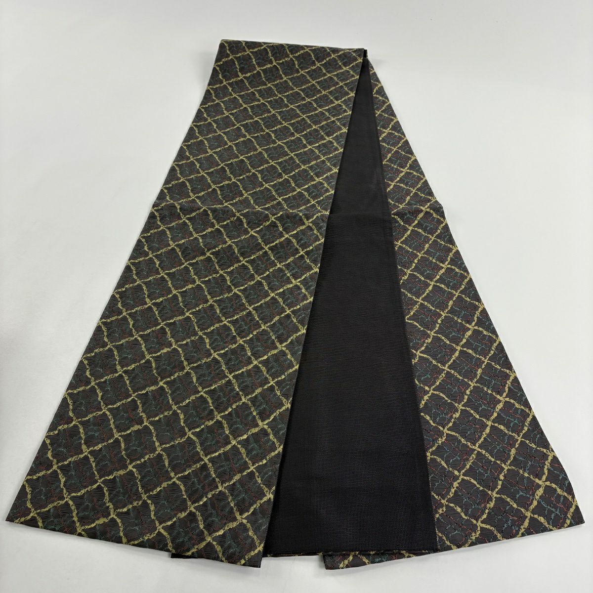 【美品】 袋帶 名品級 落款あり 幾何學 灰色 全通 純蠶絲