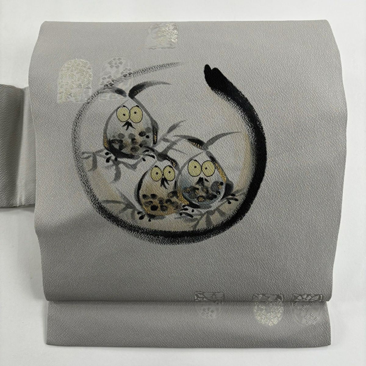 名古屋帶 名品級 貓頭鷹 花兔 金金箔 灰 純蠶絲