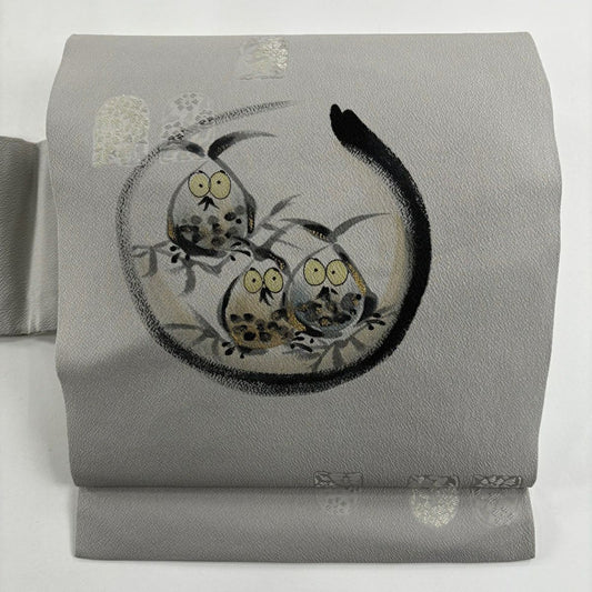 名古屋帶 名品級 貓頭鷹 花兔 金金箔 灰 純蠶絲