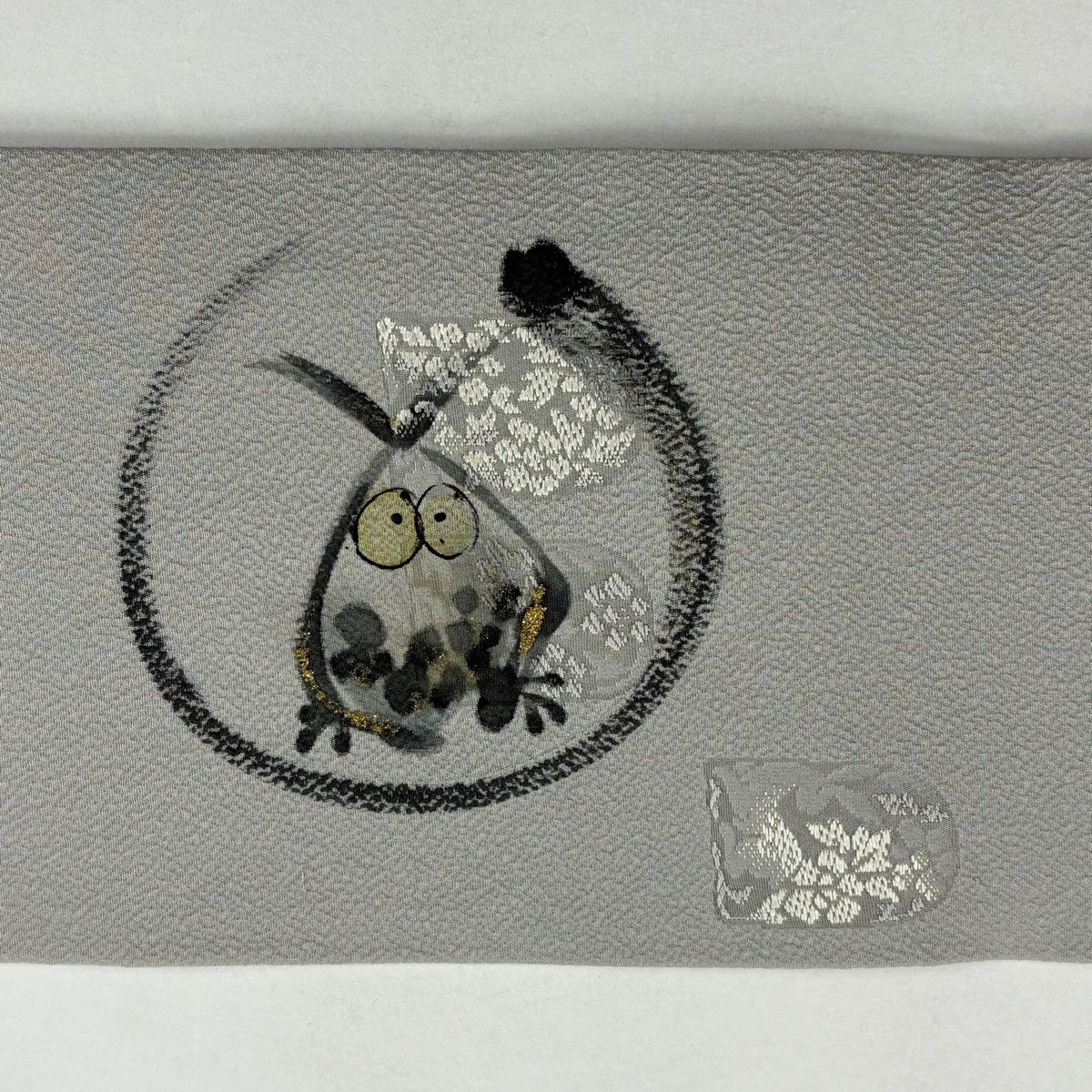 名古屋帶 名品級 貓頭鷹 花兔 金金箔 灰 純蠶絲
