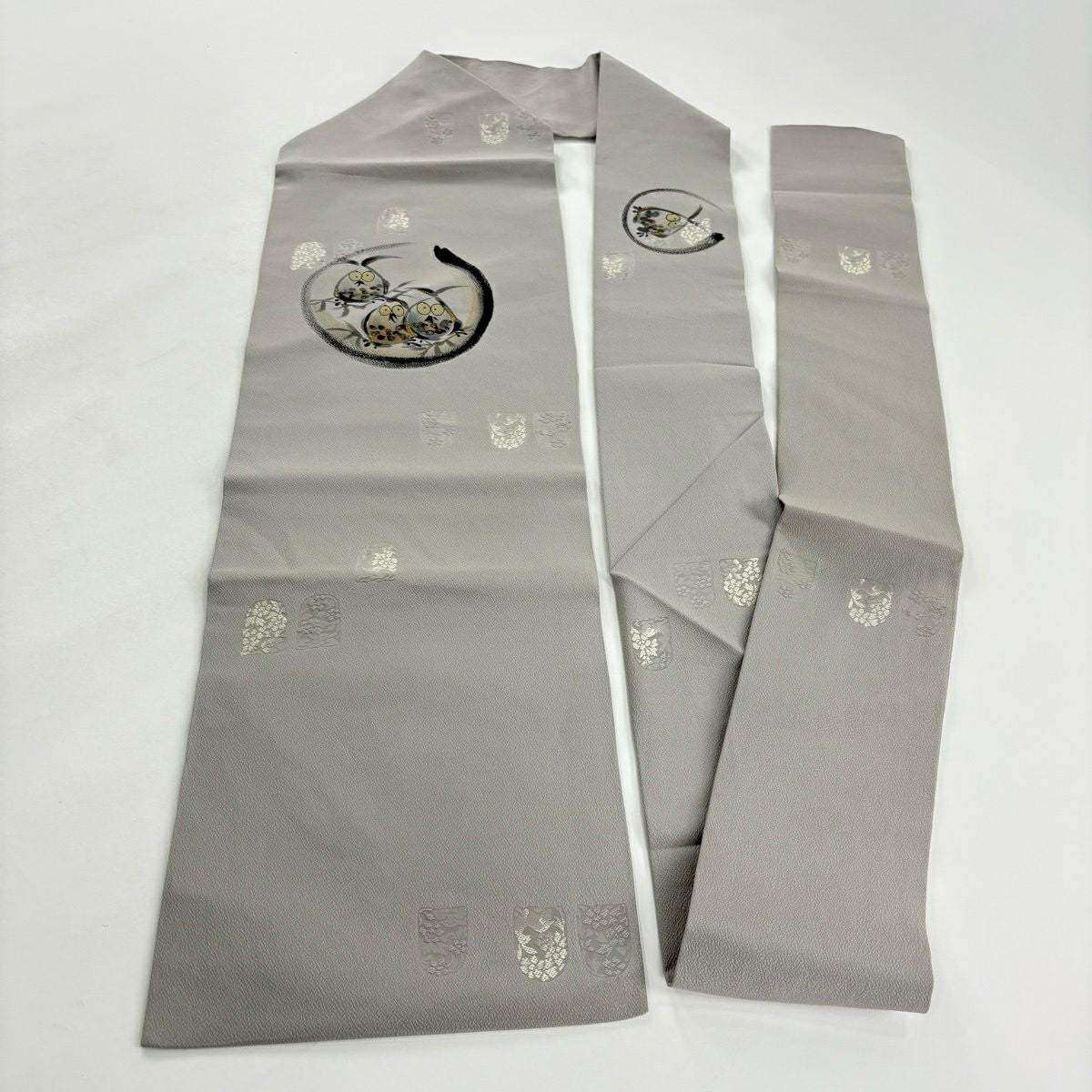 名古屋帶 名品級 貓頭鷹 花兔 金金箔 灰 純蠶絲
