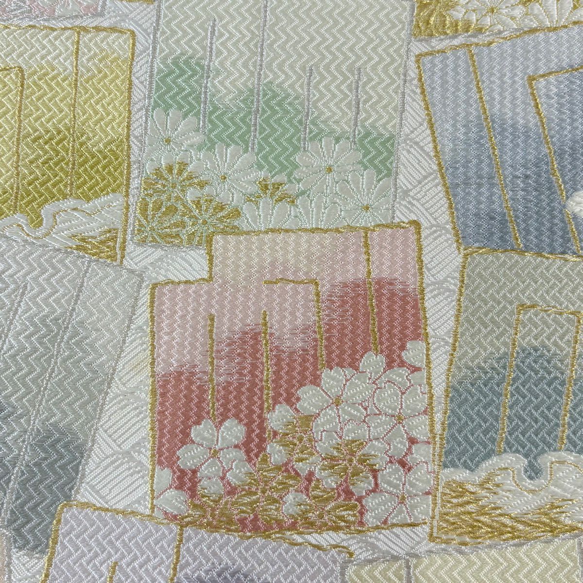 【美品】 袋帶 名品級 源氏香 花 金銀絲 灰色 六通 純蠶絲