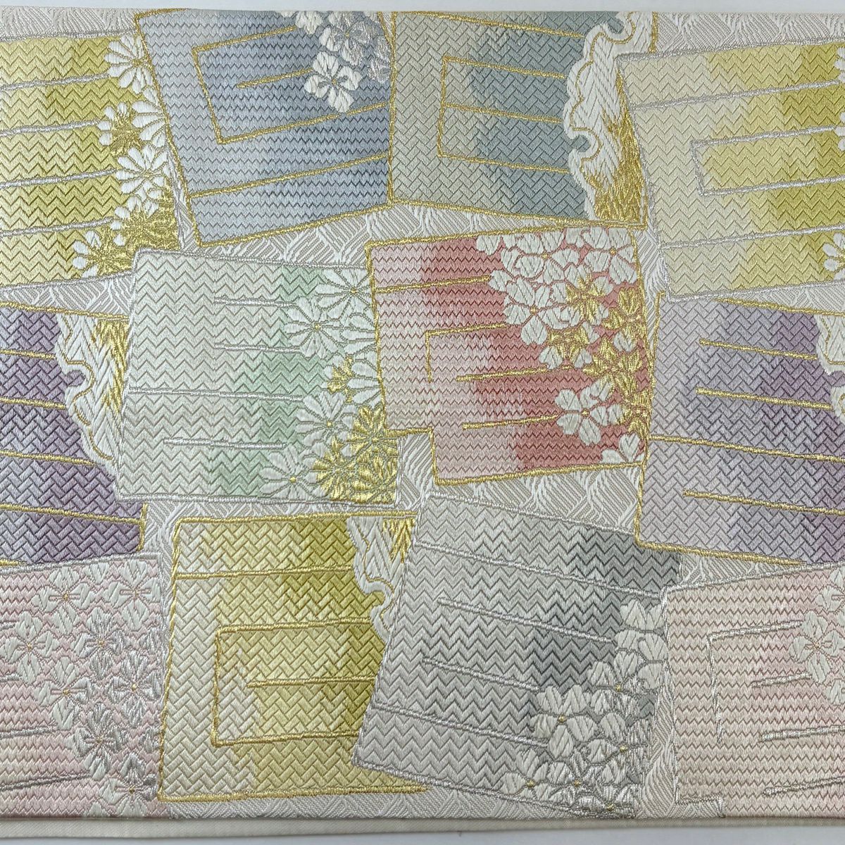 【美品】 袋帶 名品級 源氏香 花 金銀絲 灰色 六通 純蠶絲