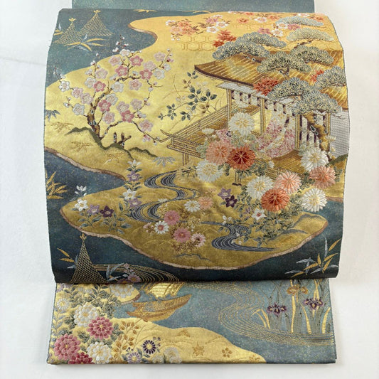 【美品】 袋帶 名品級 建築 草花紋 金絲 金金箔 灰綠 お太鼓圖案 純蠶絲