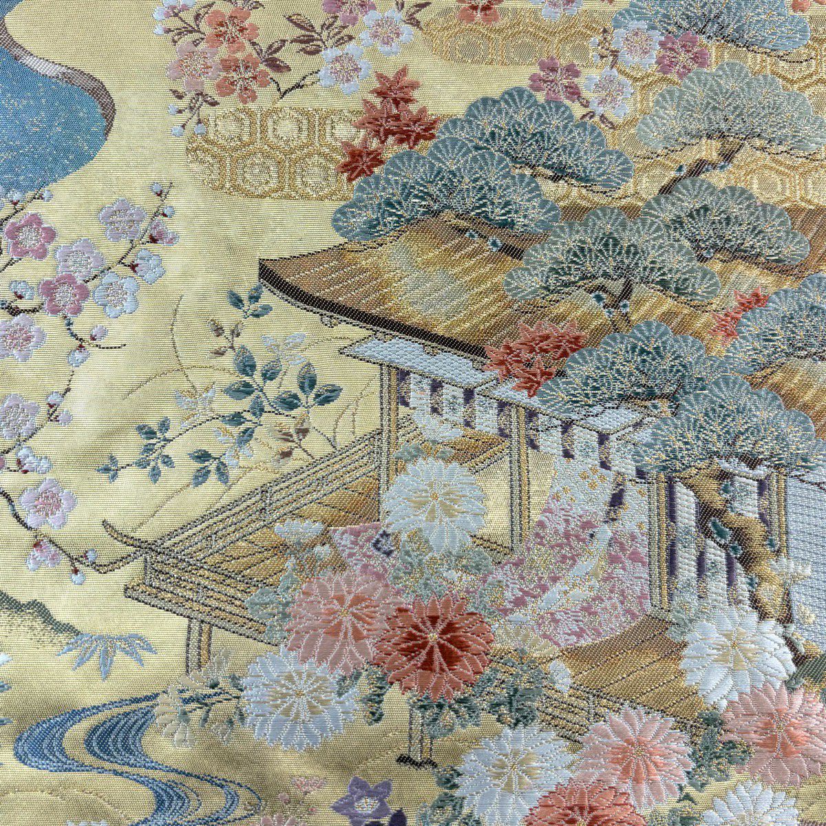 【美品】 袋帶 名品級 建築 草花紋 金絲 金金箔 灰綠 お太鼓圖案 純蠶絲
