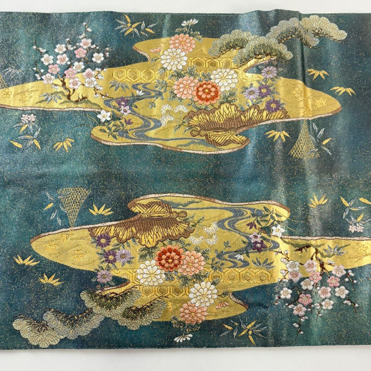 【美品】 袋帶 名品級 建築 草花紋 金絲 金金箔 灰綠 お太鼓圖案 純蠶絲