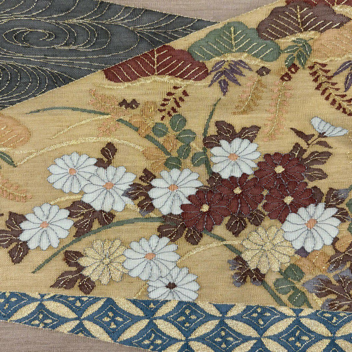 【美品】 袋帶 名品級 菊花 流水 金絲 茶 お太鼓圖案 純蠶絲