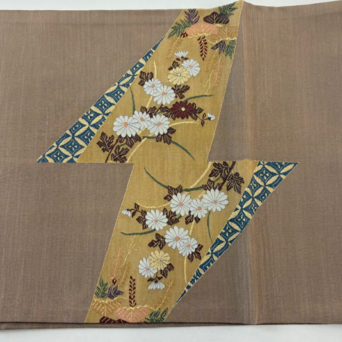 【美品】 袋帶 名品級 菊花 流水 金絲 茶 お太鼓圖案 純蠶絲