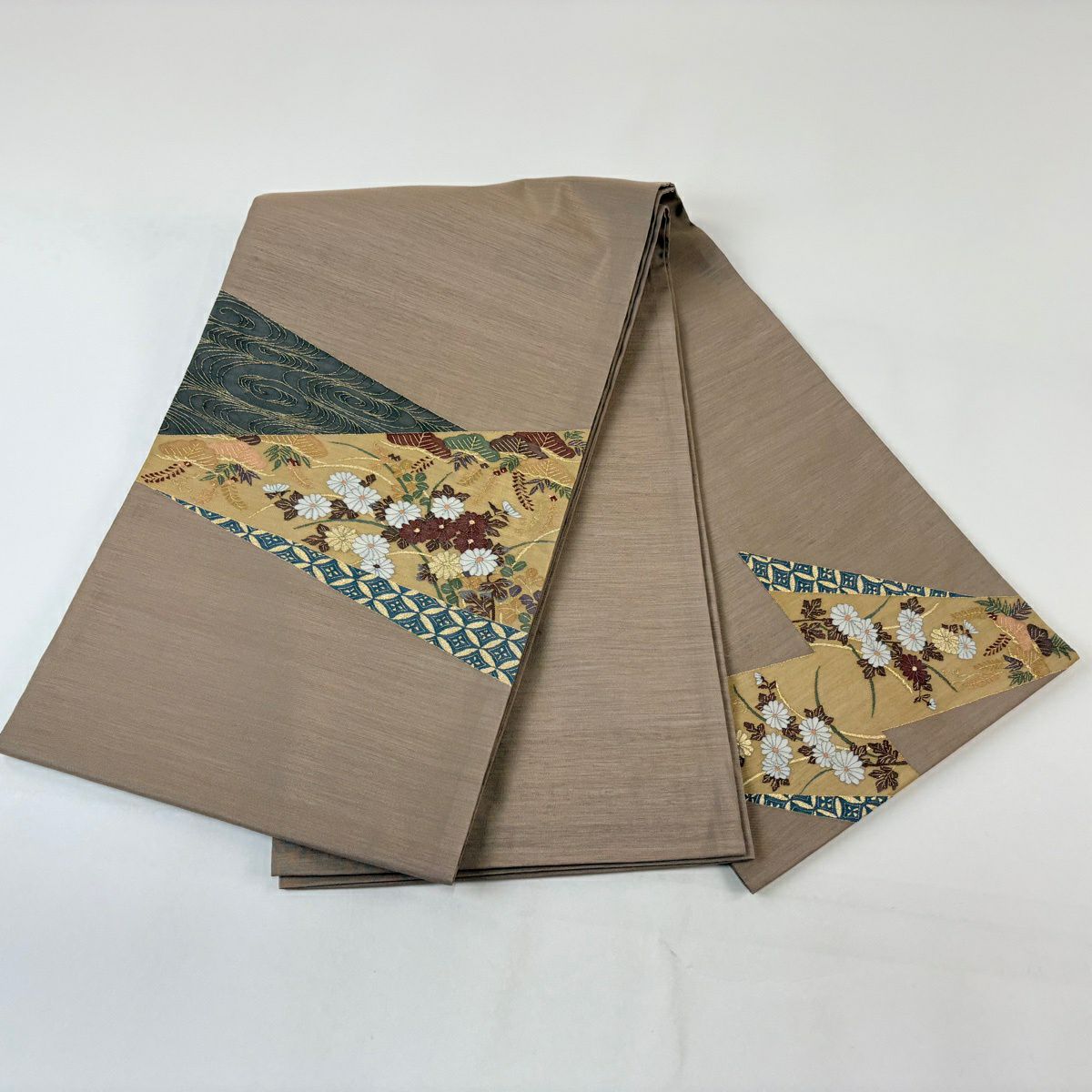 【美品】 袋帶 名品級 菊花 流水 金絲 茶 お太鼓圖案 純蠶絲