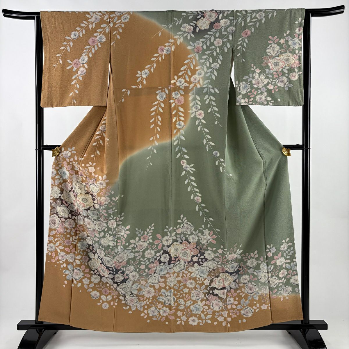 訪問服 身長160cm 袖長64cm M 雙層 辻花染圖案 染分 薄茶 純蠶絲 名品級