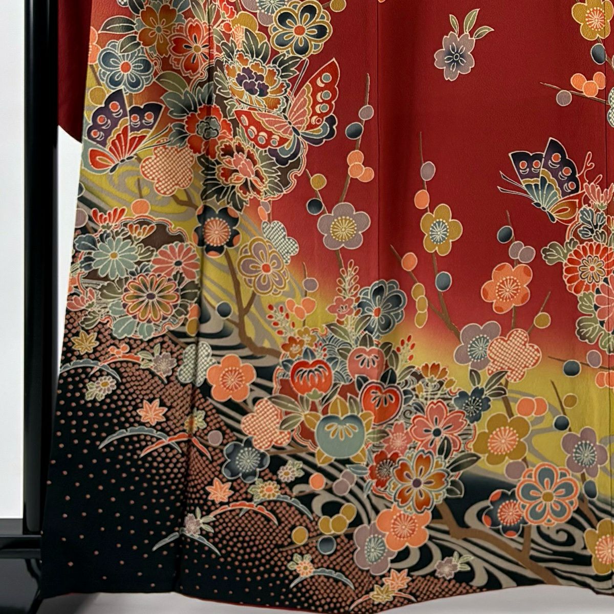 振袖禮服 身長165cm 袖長66.5cm M 雙層 鈴乃屋 蝶 枝梅花 漸層 紅 純蠶絲 名品級