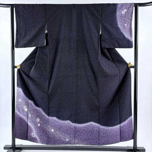 【美品】 付下 身長154cm 袖長63cm S 雙層 雪輪 梅花 金銀彩 漸層 深紫 純蠶絲 名品級