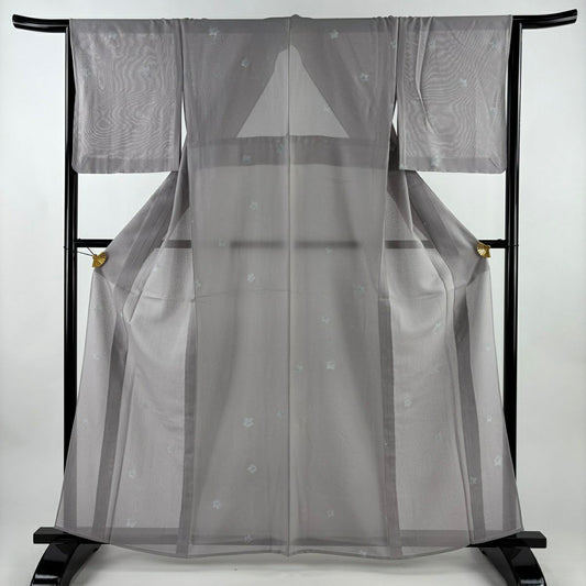 【美品】 小紋 身長161cm 袖長64cm M 薄物 縱絽 桔梗 灰紫 純蠶絲 名品級