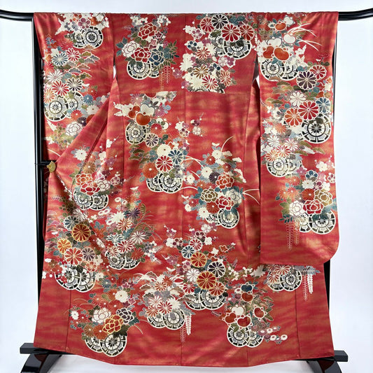 【美品】振袖禮服 身長163.5cm 袖長64cm M 雙層 花車 菊花 金絲 金銀彩 茜 純蠶絲 名品級