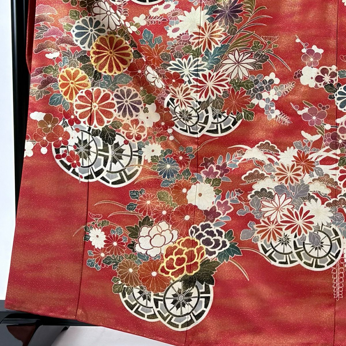 【美品】振袖禮服 身長163.5cm 袖長64cm M 雙層 花車 菊花 金絲 金銀彩 茜 純蠶絲 名品級