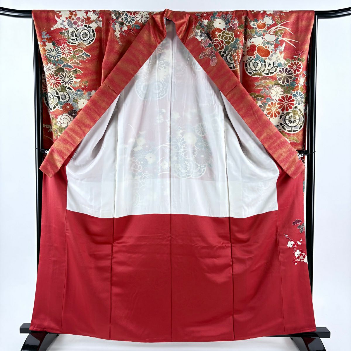 【美品】振袖禮服 身長163.5cm 袖長64cm M 雙層 花車 菊花 金絲 金銀彩 茜 純蠶絲 名品級